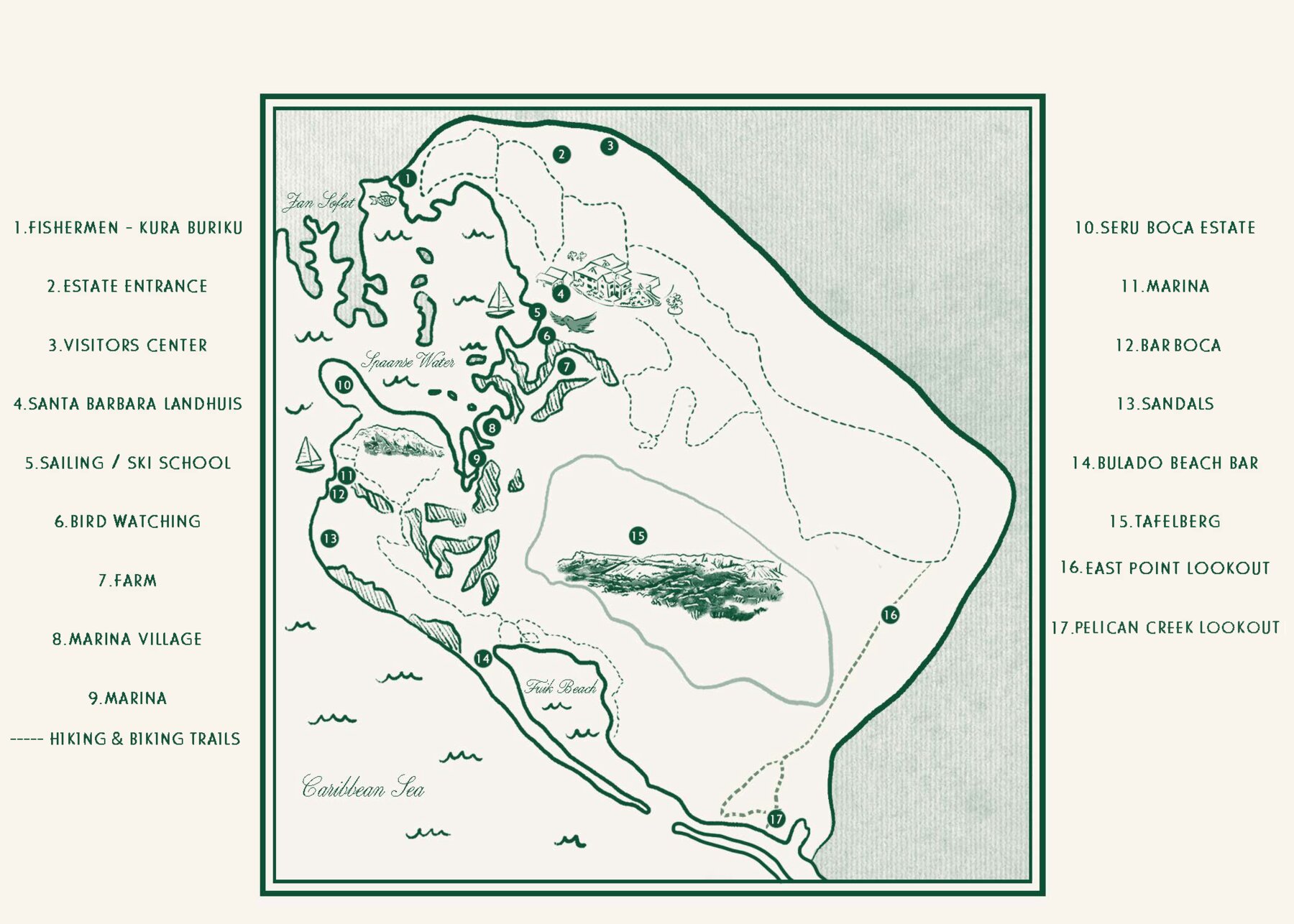 Santa Barbara estate map showing hiking and biking trails, bird watching, Tafelberg, and lookout points